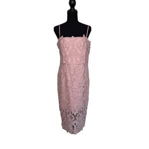 Blush Pink Lace Midi Dress Romantic Wedding Guest Bridal Shower Cottage Bardot